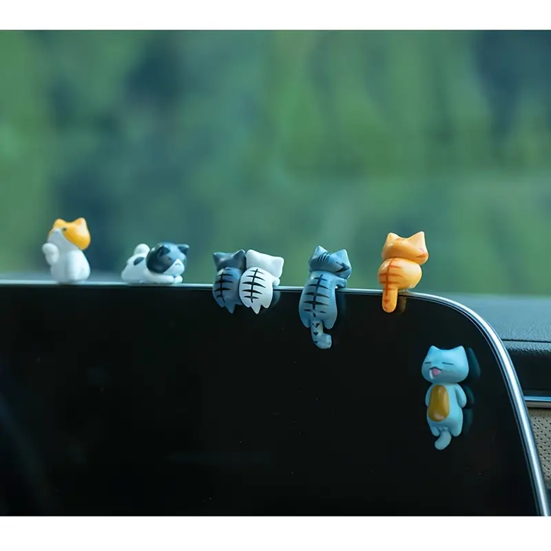 Pothos - 6 Stück PVC-Cartoon-Katzenfiguren für Auto-Armaturenbrett, Blumentöpfe